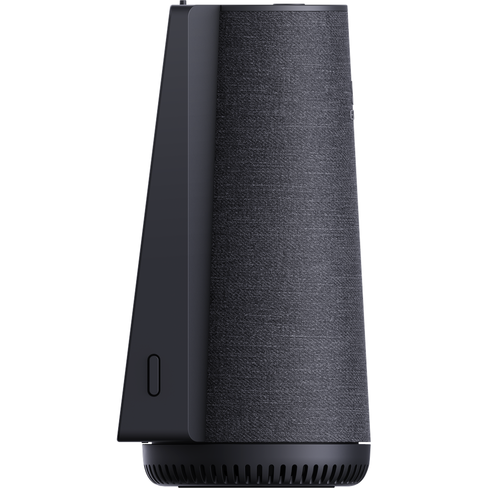 Black indoor security camera with integrated display and front camera lens