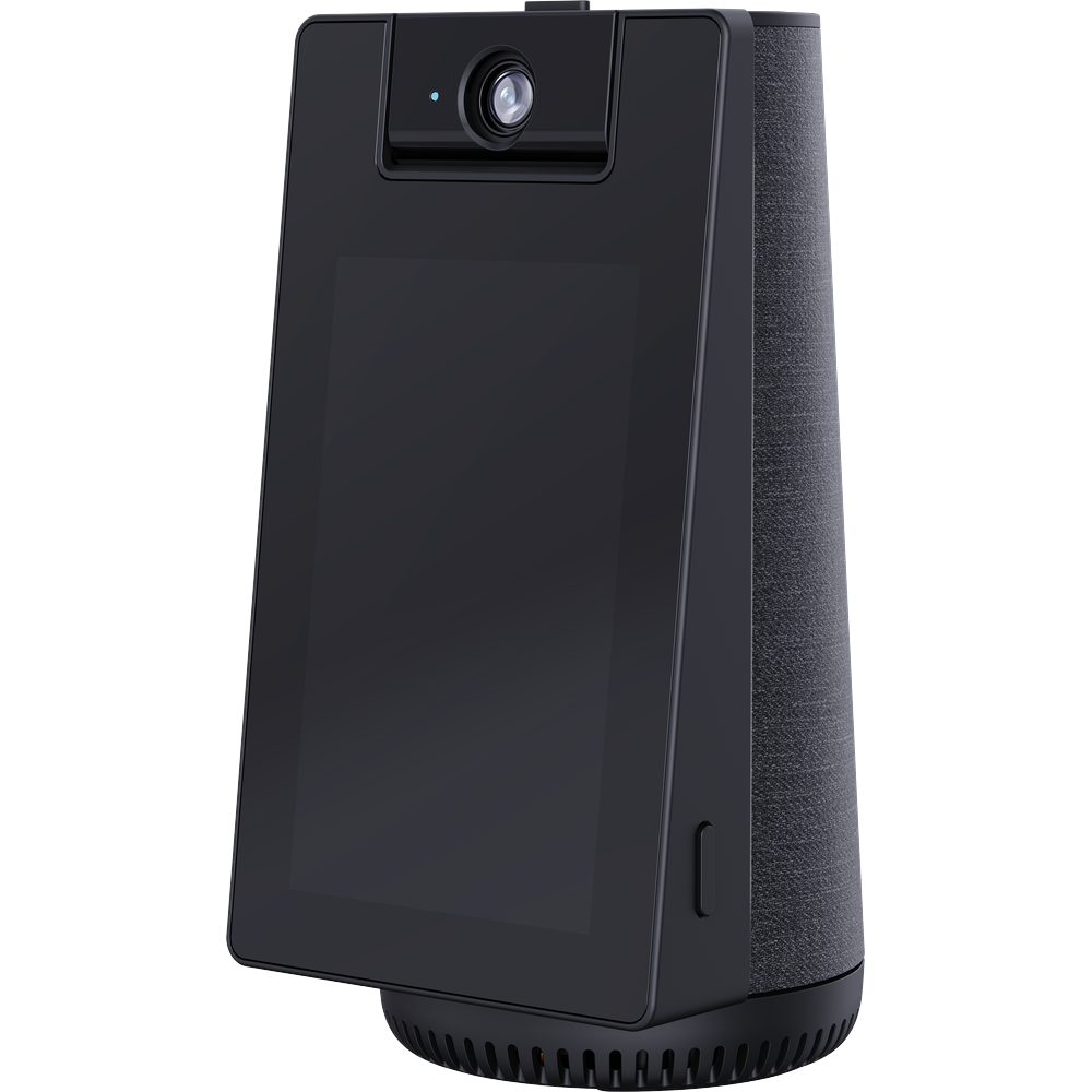 Black indoor security camera with integrated display and front camera lens