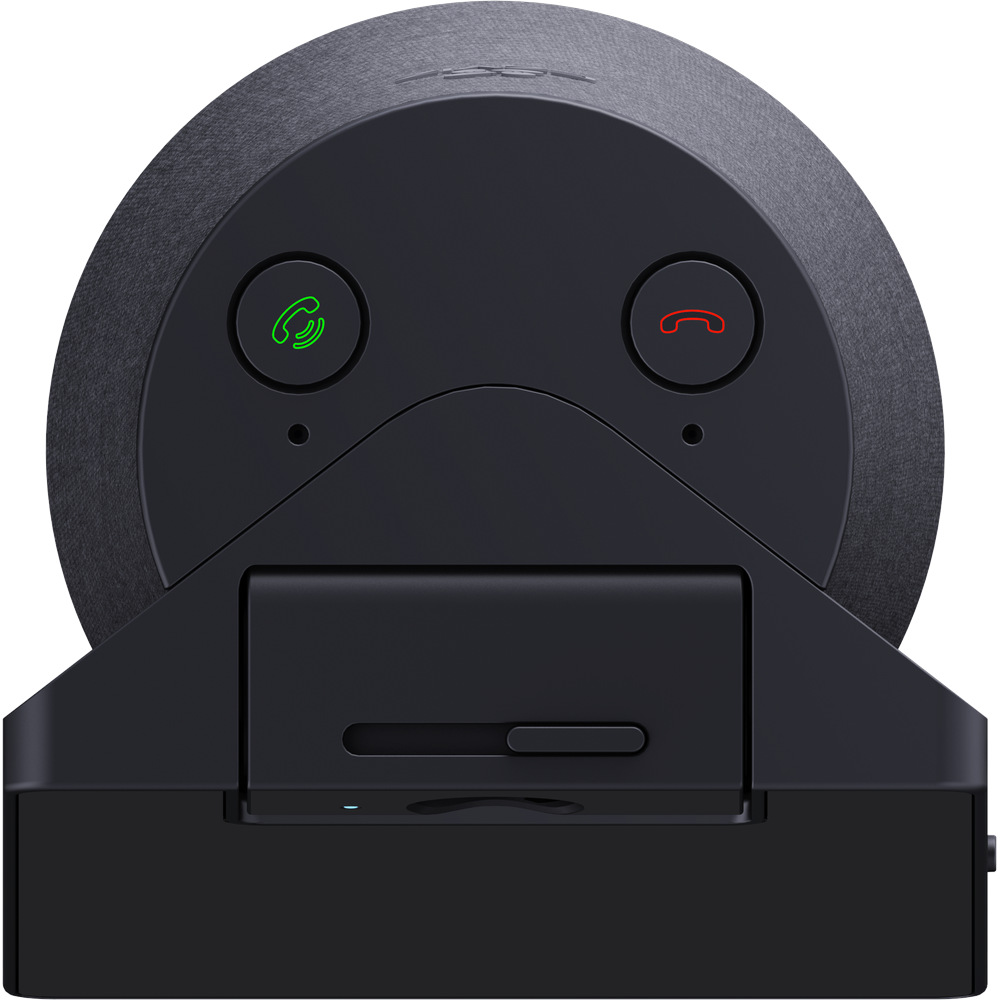 Black indoor security camera with integrated display and front camera lens
