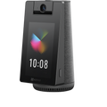 Black indoor security camera with integrated display and front camera lens