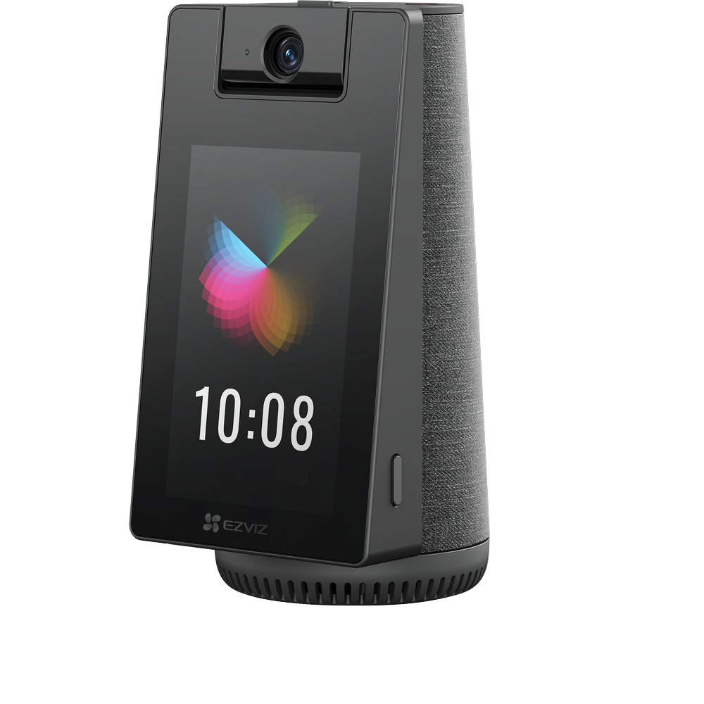 Black indoor security camera with integrated display and front camera lens