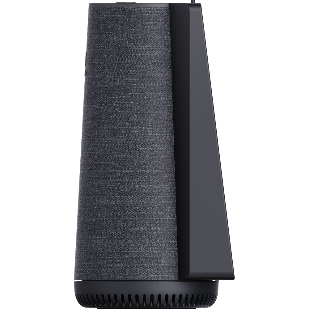 Black indoor security camera with integrated display and front camera lens