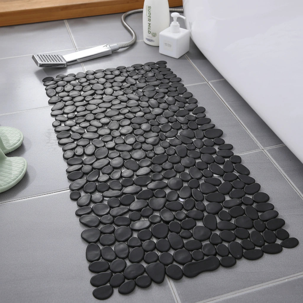 Rectangular non-slip bath mat with rounded pebble design