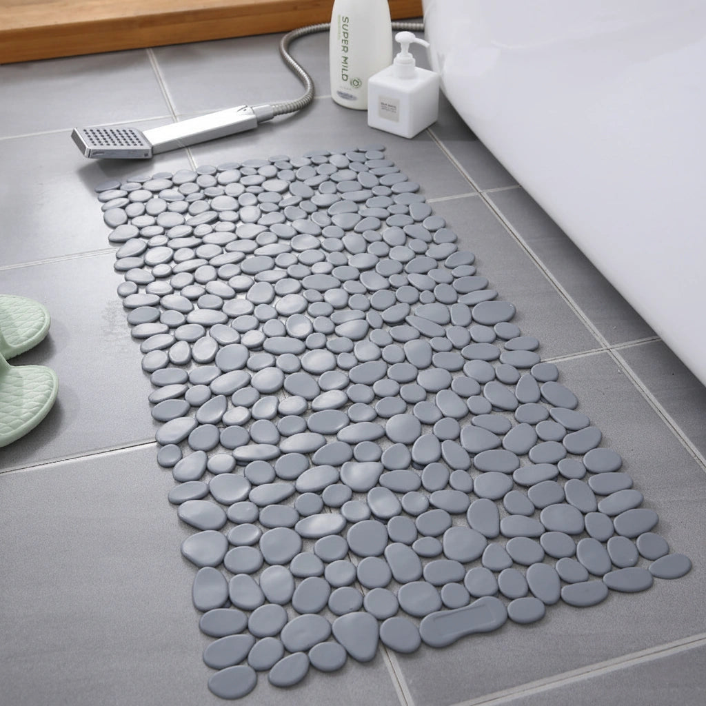 Rectangular non-slip bath mat with rounded pebble design