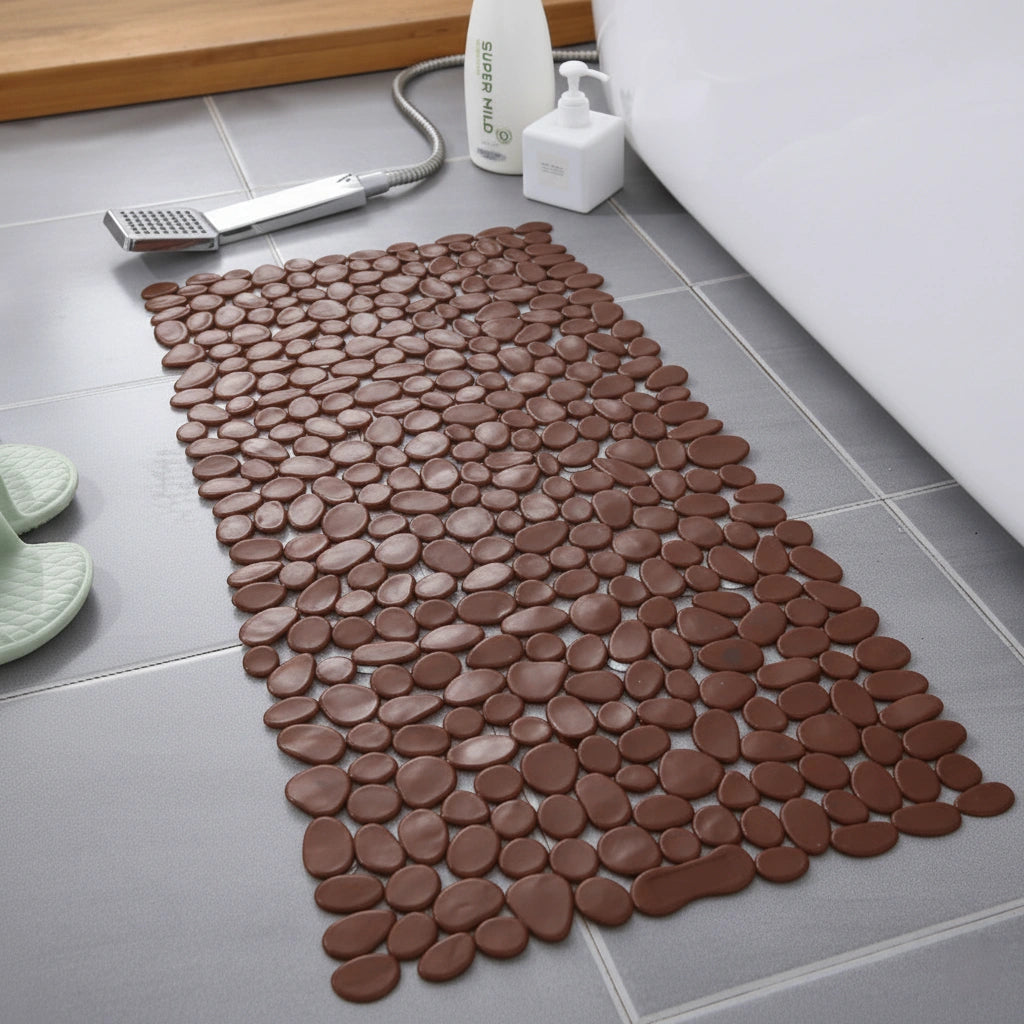 Rectangular non-slip bath mat with rounded pebble design