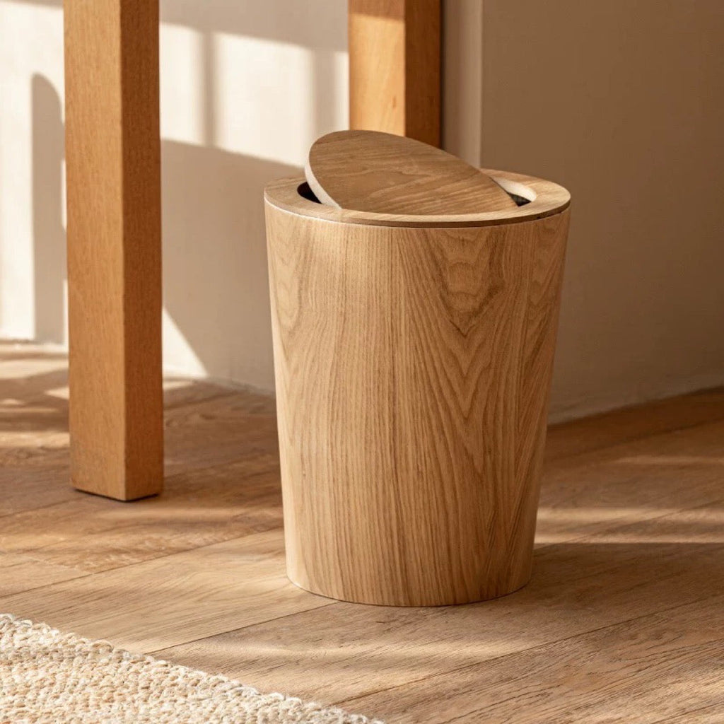 Brown cylindrical wood-effect waste bin with rotating lid