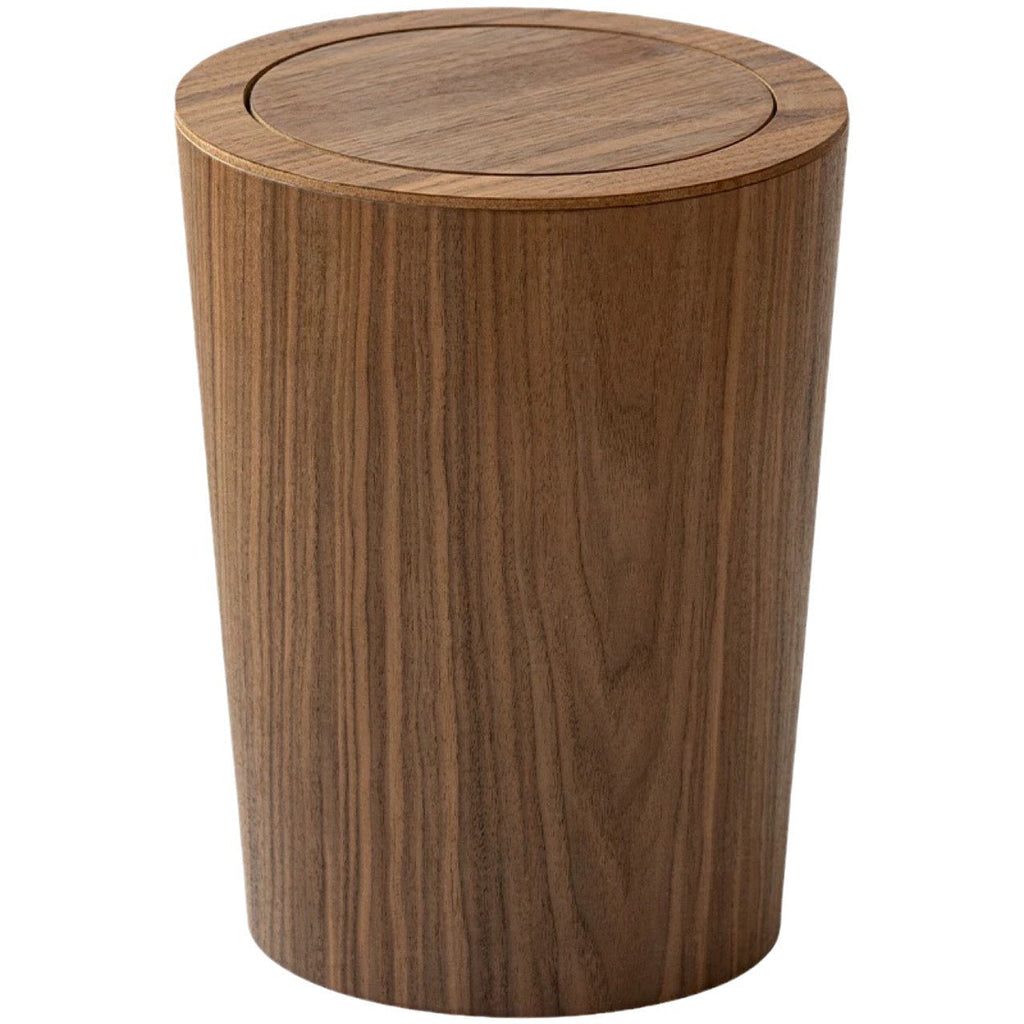 Brown cylindrical wood-effect waste bin with rotating lid