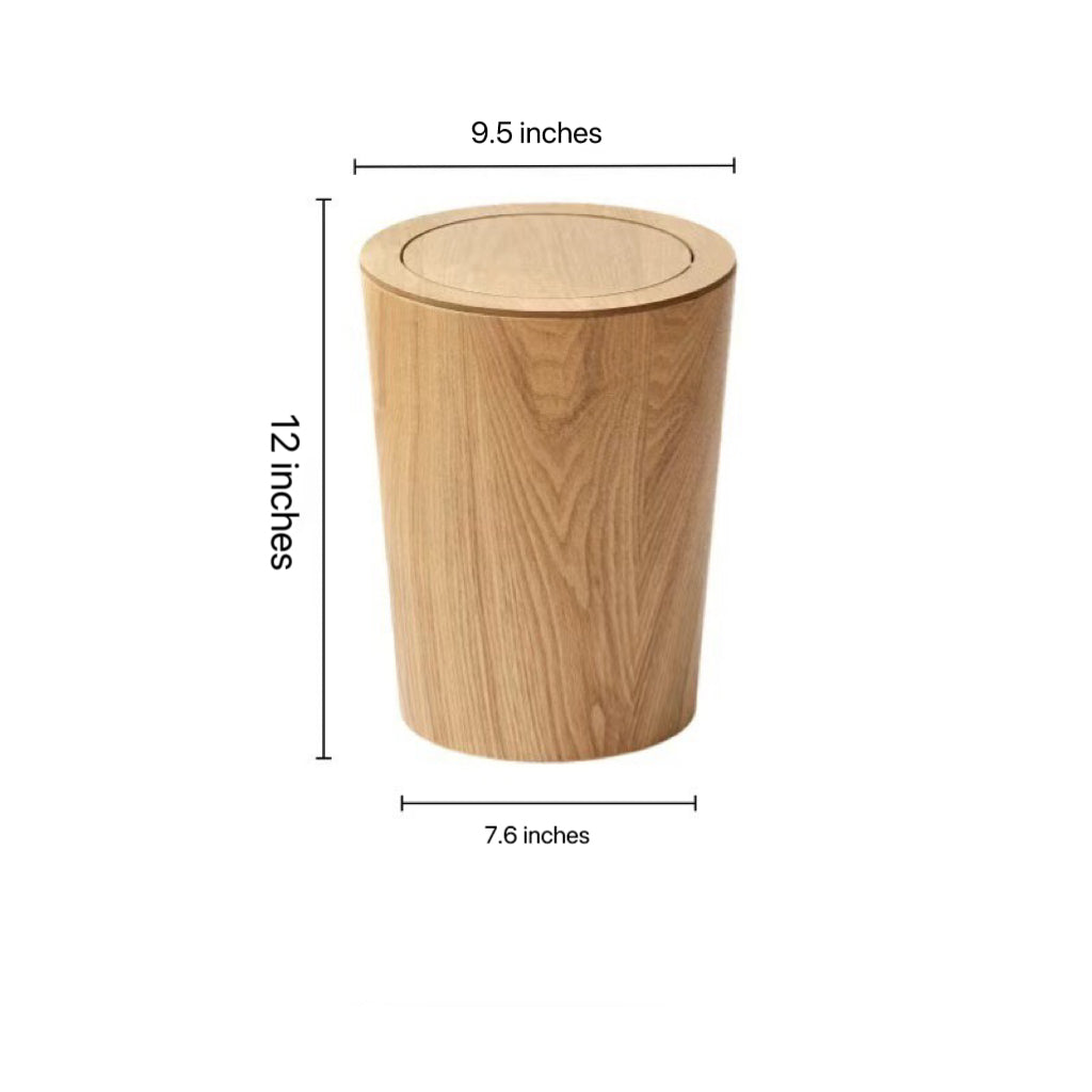 Brown cylindrical wood-effect waste bin with rotating lid