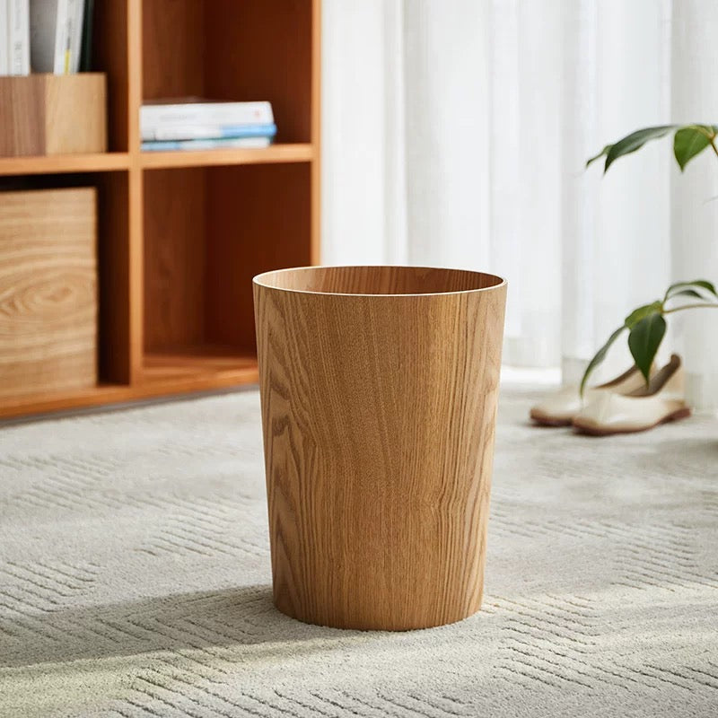 Brown cylindrical wood-effect waste bin with rotating lid