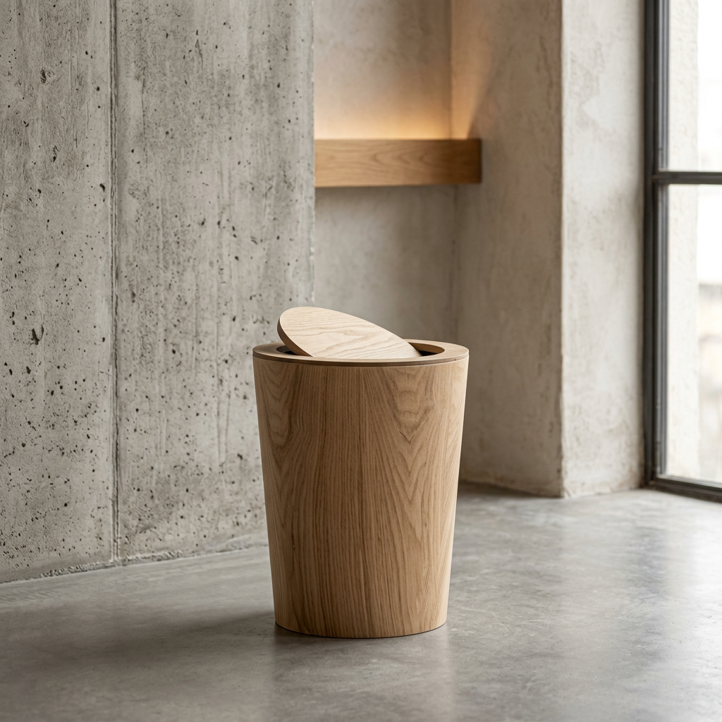 Brown cylindrical wood-effect waste bin with rotating lid