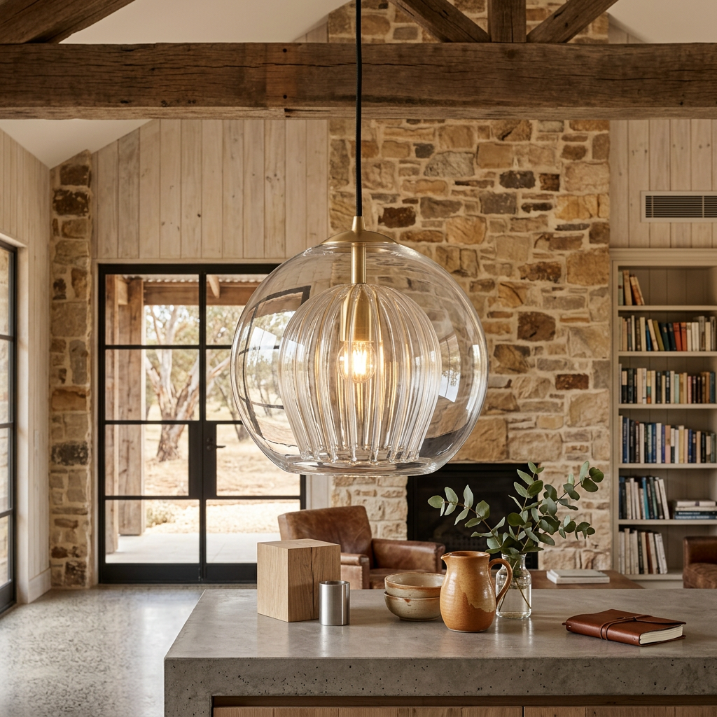 Rounded ribbed globe glass pendant light with hanging cable