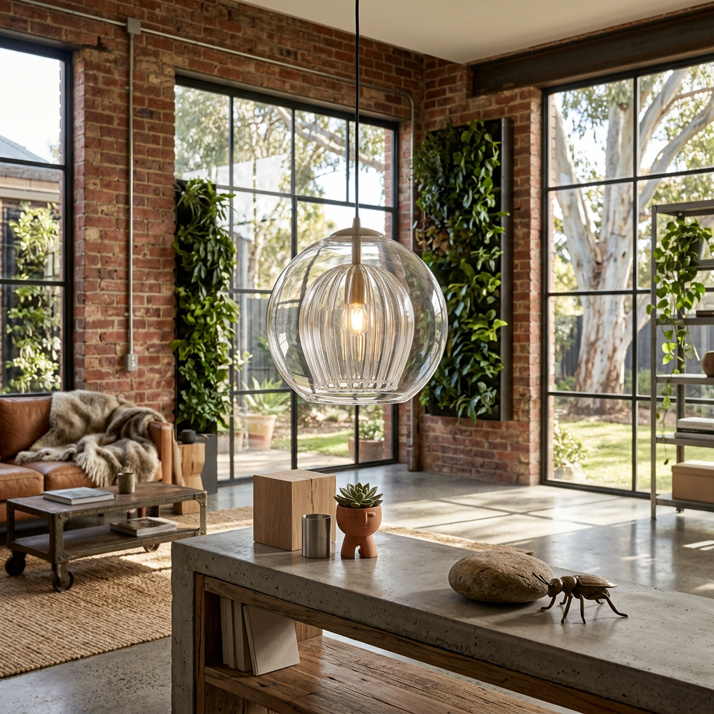 Rounded ribbed globe glass pendant light with hanging cable