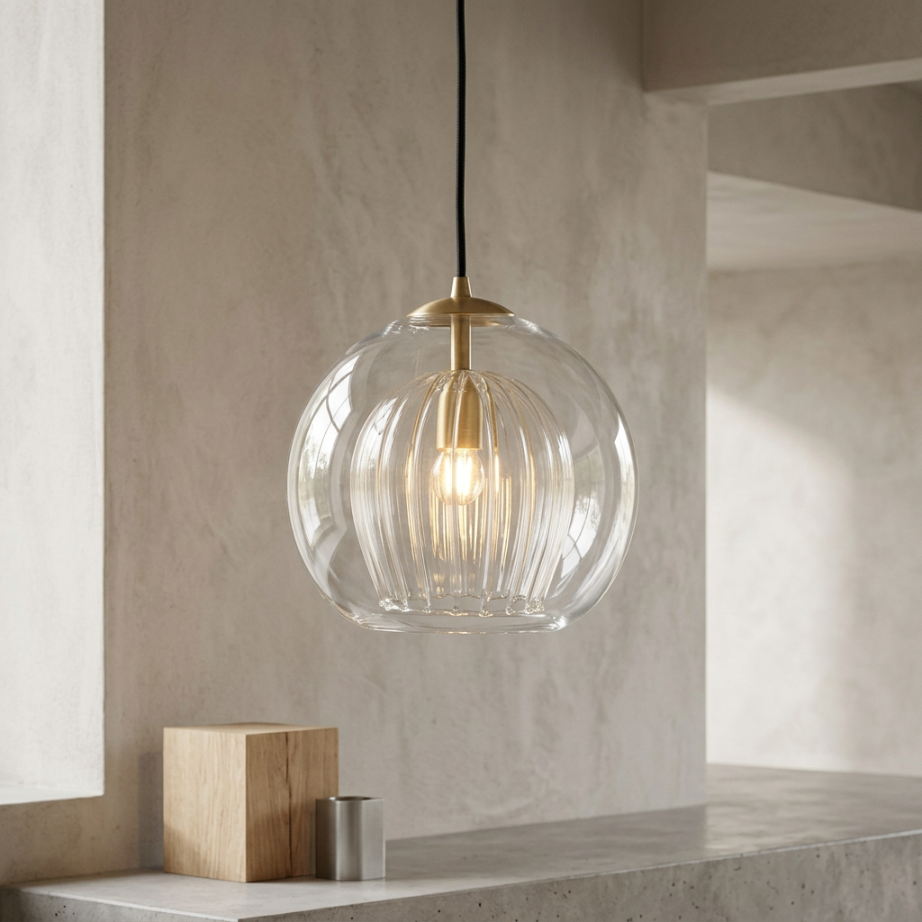 Rounded ribbed globe glass pendant light with hanging cable