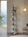 Freestanding steel bookshelf with staggered ledge shelves