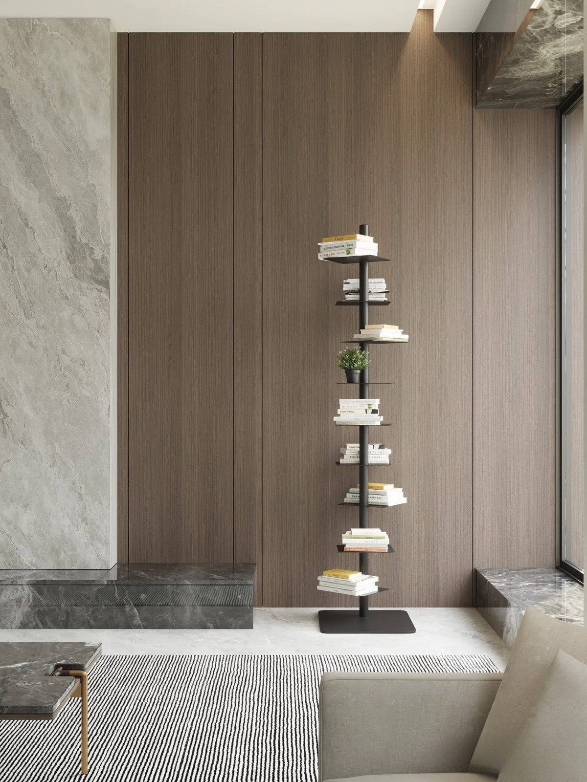 Freestanding steel bookshelf with staggered ledge shelves