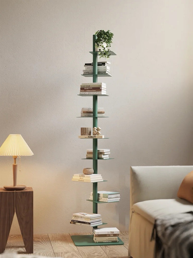 Freestanding steel bookshelf with staggered ledge shelves