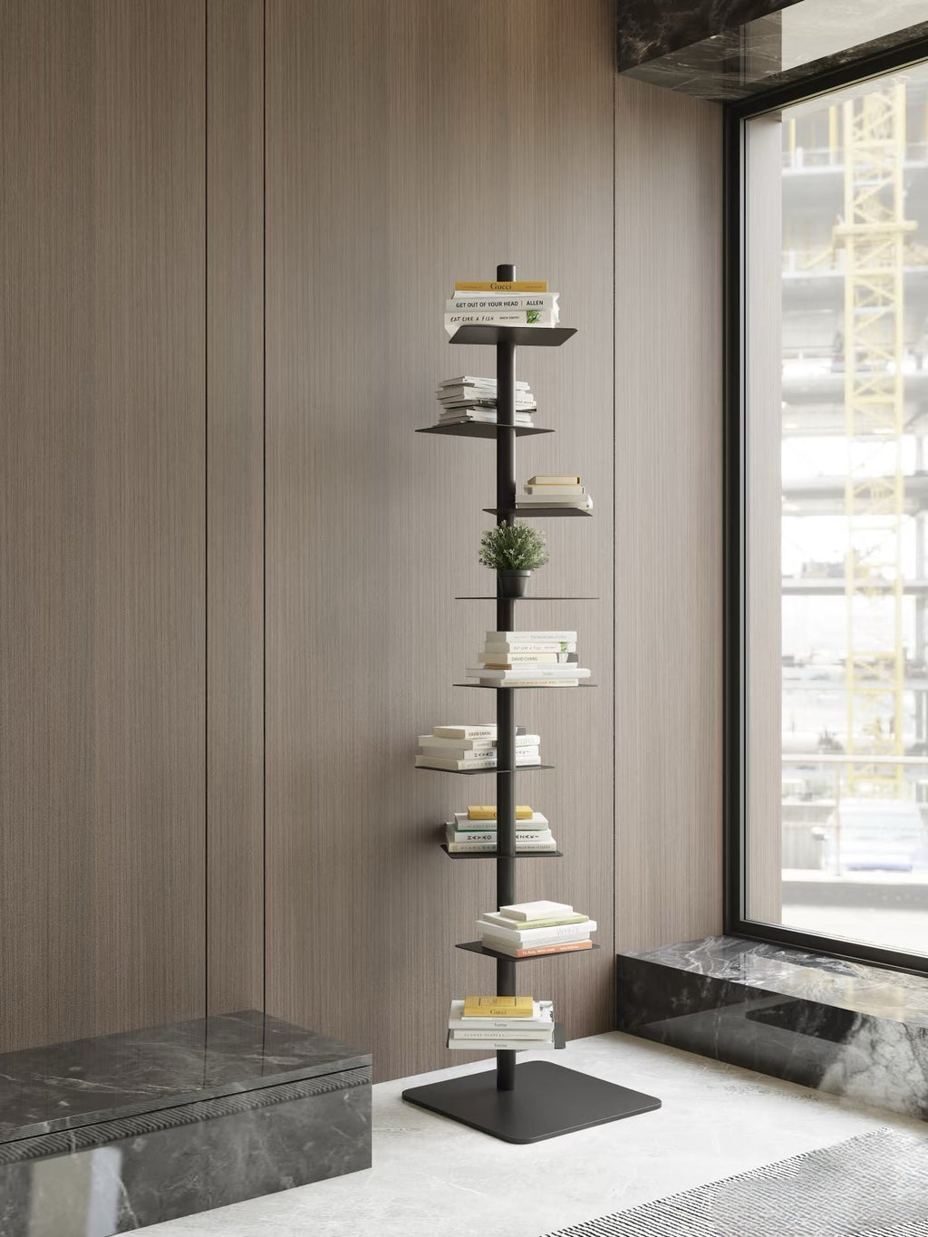 Freestanding steel bookshelf with staggered ledge shelves