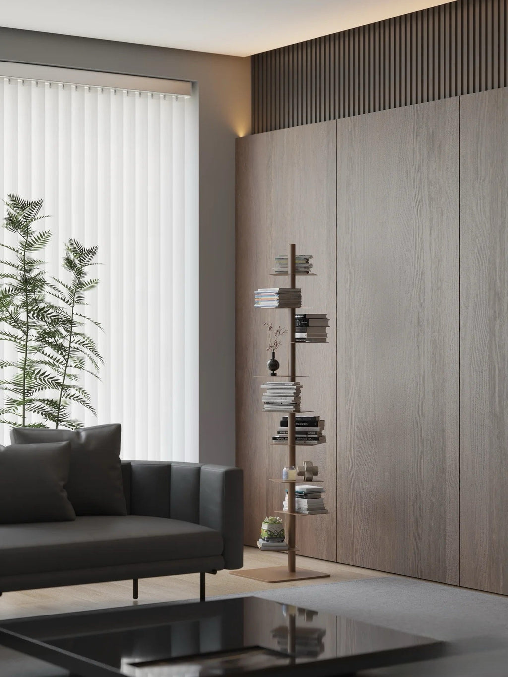 Freestanding steel bookshelf with staggered ledge shelves