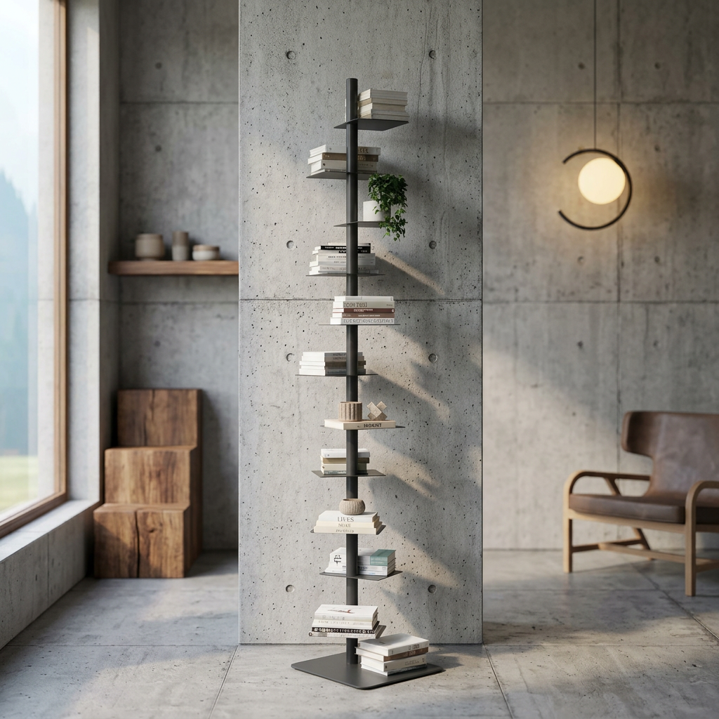 Freestanding steel bookshelf with staggered ledge shelves