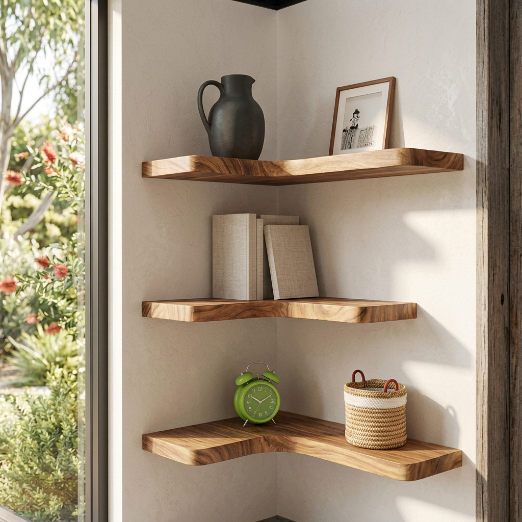 Set of L-shaped floating corner shelves in a wall corner