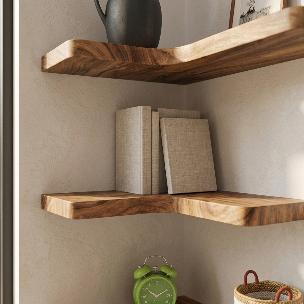 Set of L-shaped floating corner shelves in a wall corner