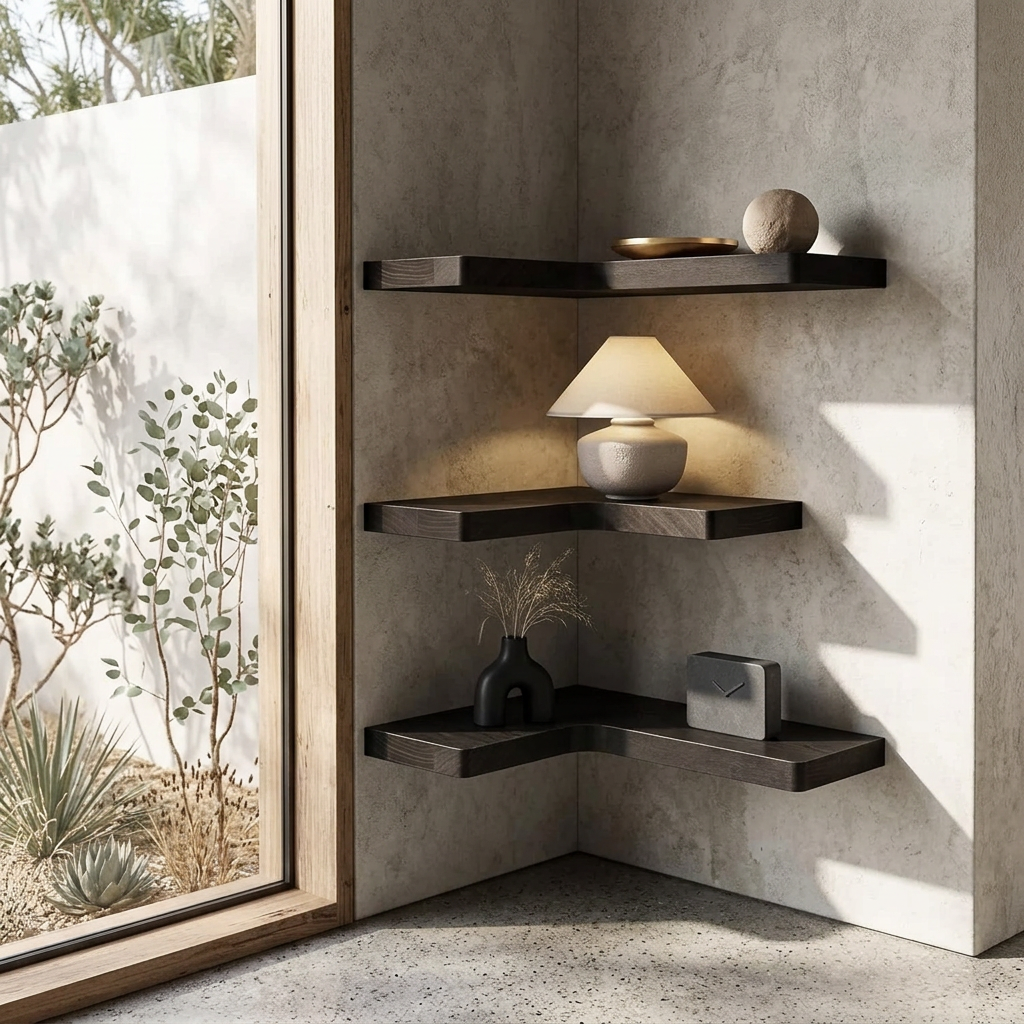 Set of L-shaped floating corner shelves in a wall corner