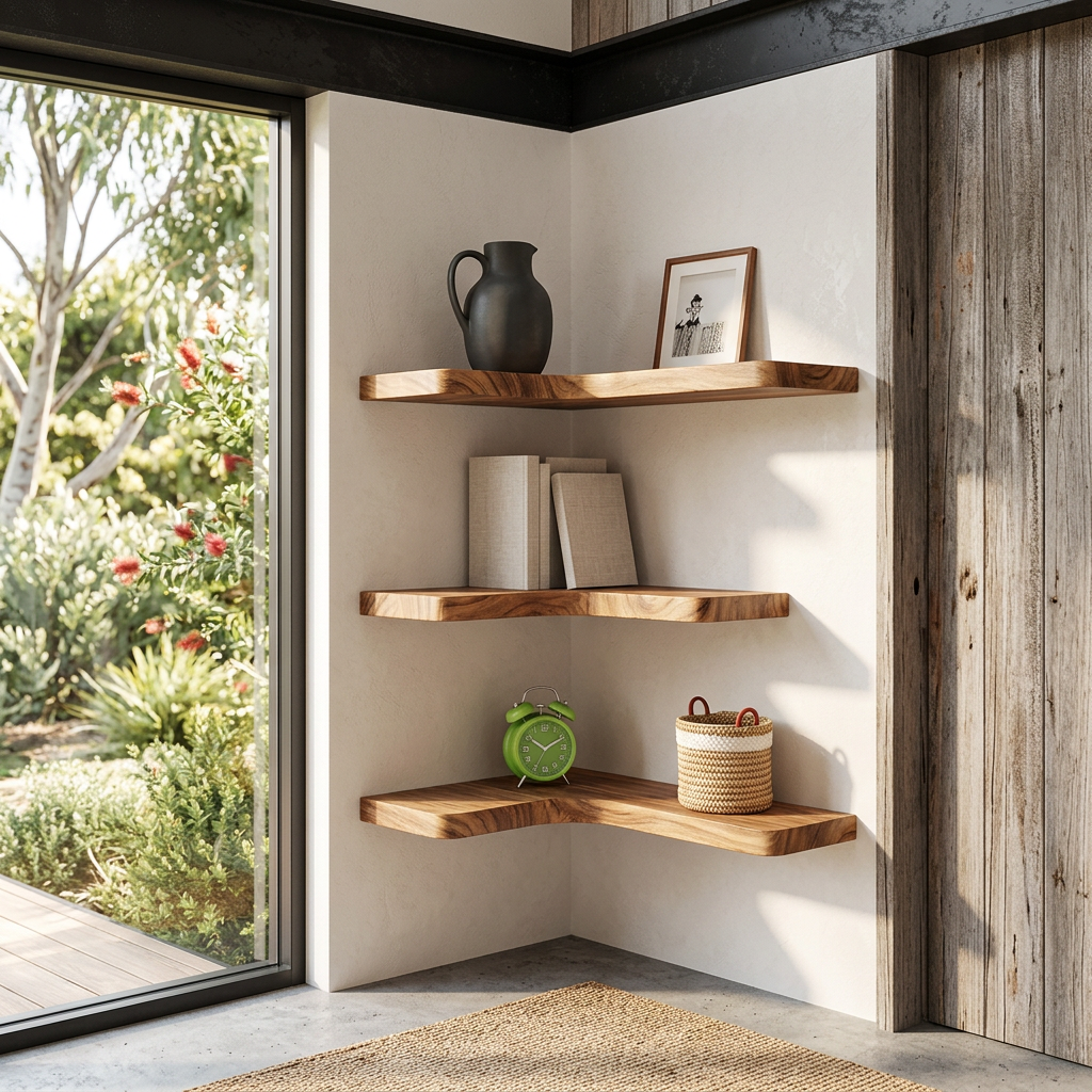 Set of L-shaped floating corner shelves in a wall corner