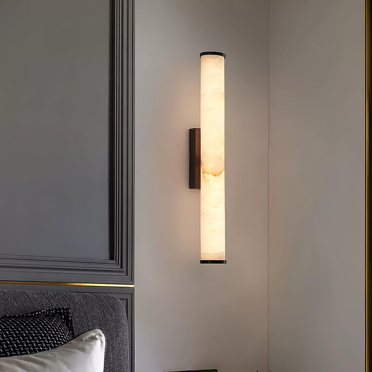 Vertical alabaster column wall sconce with cylindrical illuminated shade