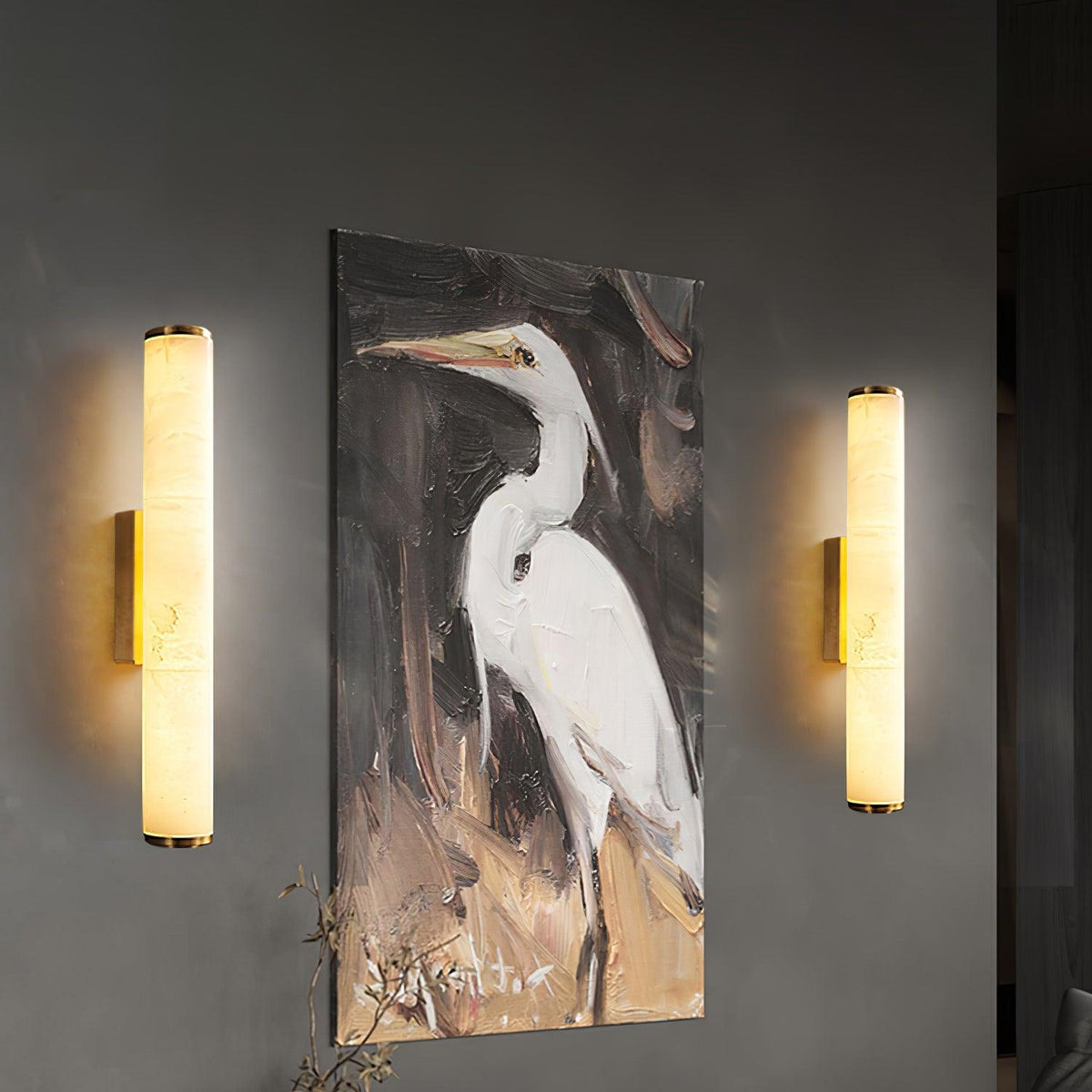 Vertical alabaster column wall sconce with cylindrical illuminated shade