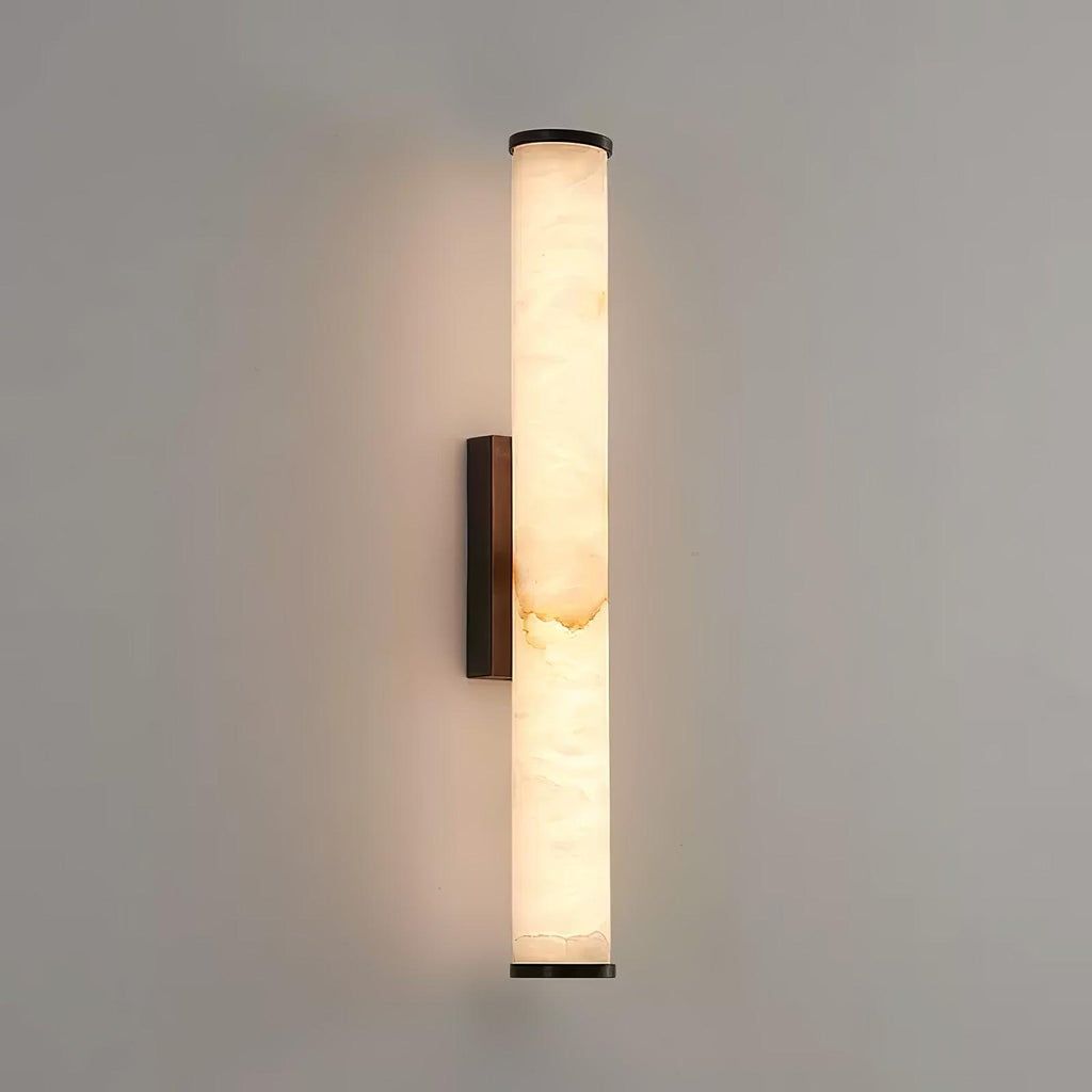Vertical alabaster column wall sconce with cylindrical illuminated shade