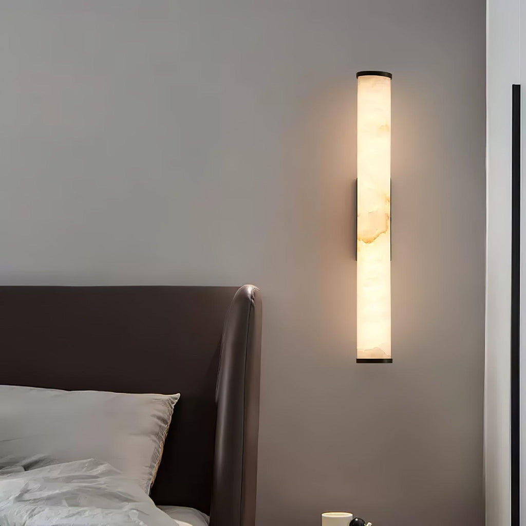 Vertical alabaster column wall sconce with cylindrical illuminated shade