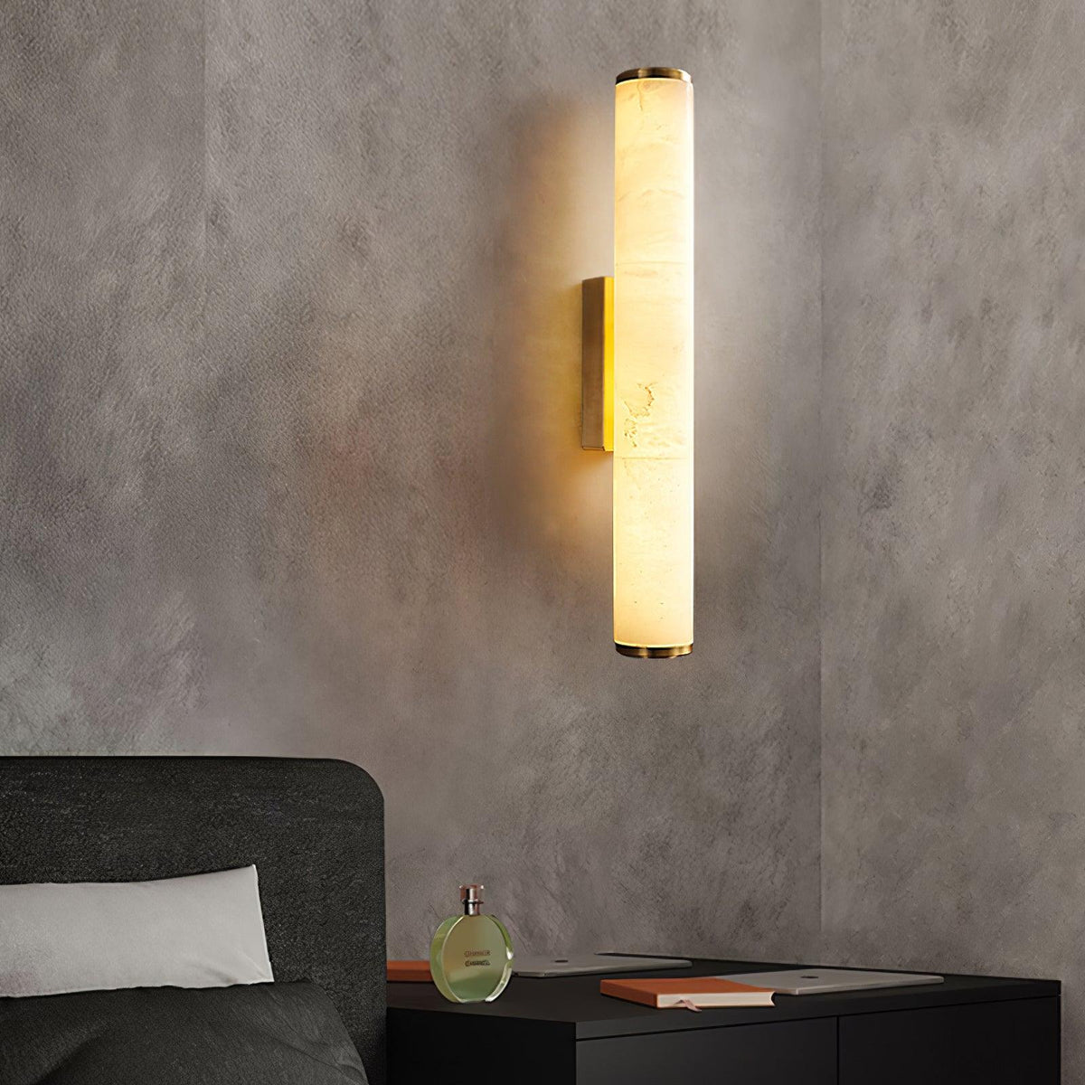 Vertical alabaster column wall sconce with cylindrical illuminated shade