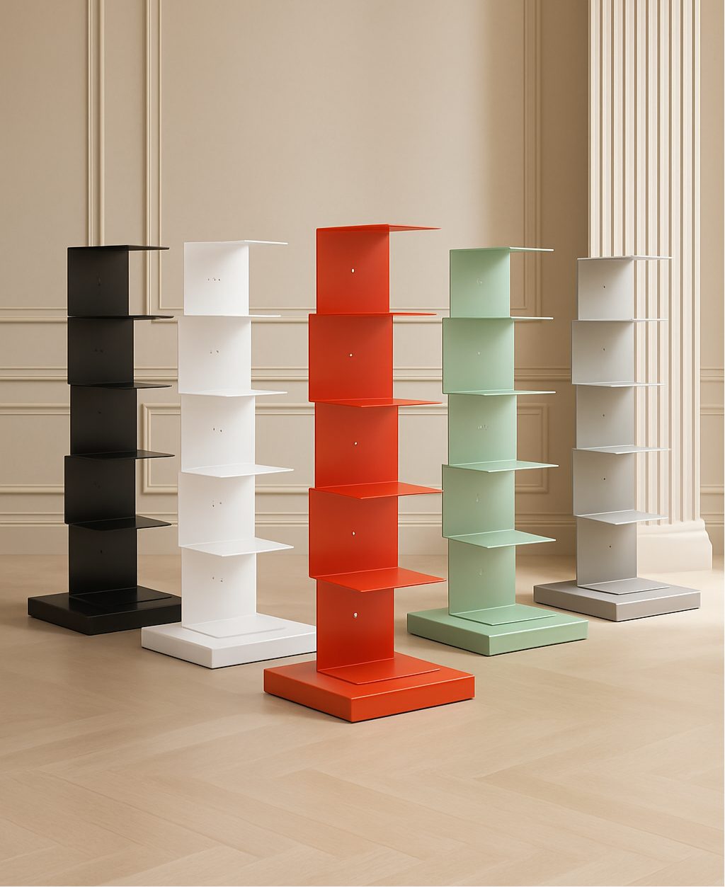 Freestanding tiered metal bookshelf with open shelves and a rectangular base