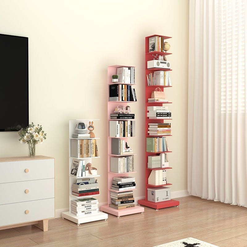 Freestanding tiered metal bookshelf with open shelves and a rectangular base