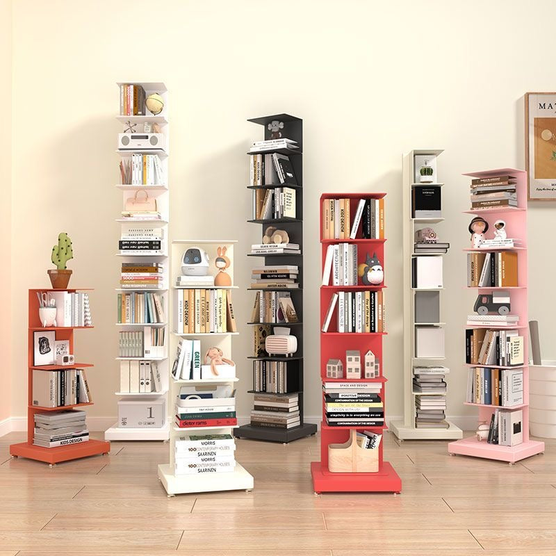Freestanding tiered metal bookshelf with open shelves and a rectangular base