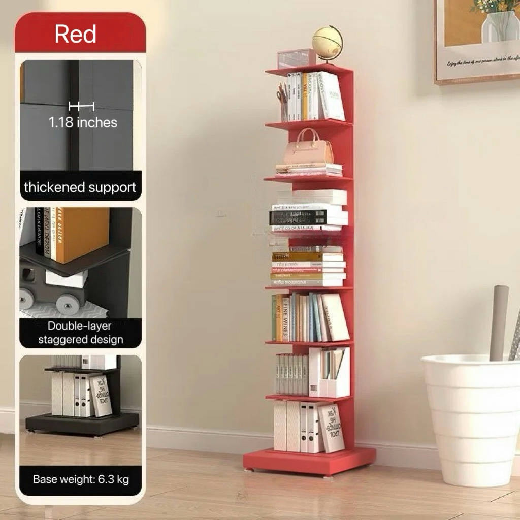 Freestanding tiered metal bookshelf with open shelves and a rectangular base