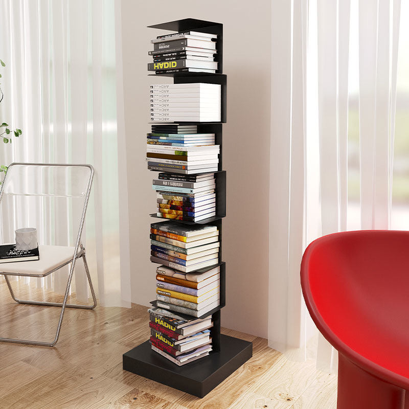 Freestanding tiered metal bookshelf with open shelves and a rectangular base