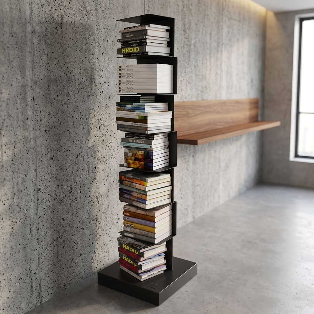 Freestanding tiered metal bookshelf with open shelves and a rectangular base