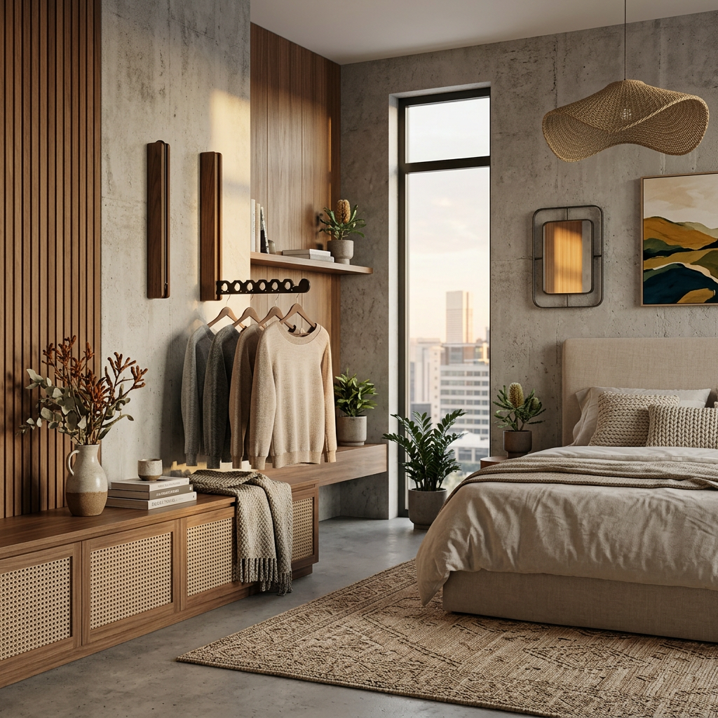 Collapsible wall-mounted hanger rail with wood-effect folding panel and metal hanging bar