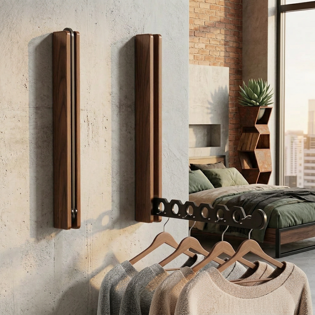Collapsible wall-mounted hanger rail with wood-effect folding panel and metal hanging bar