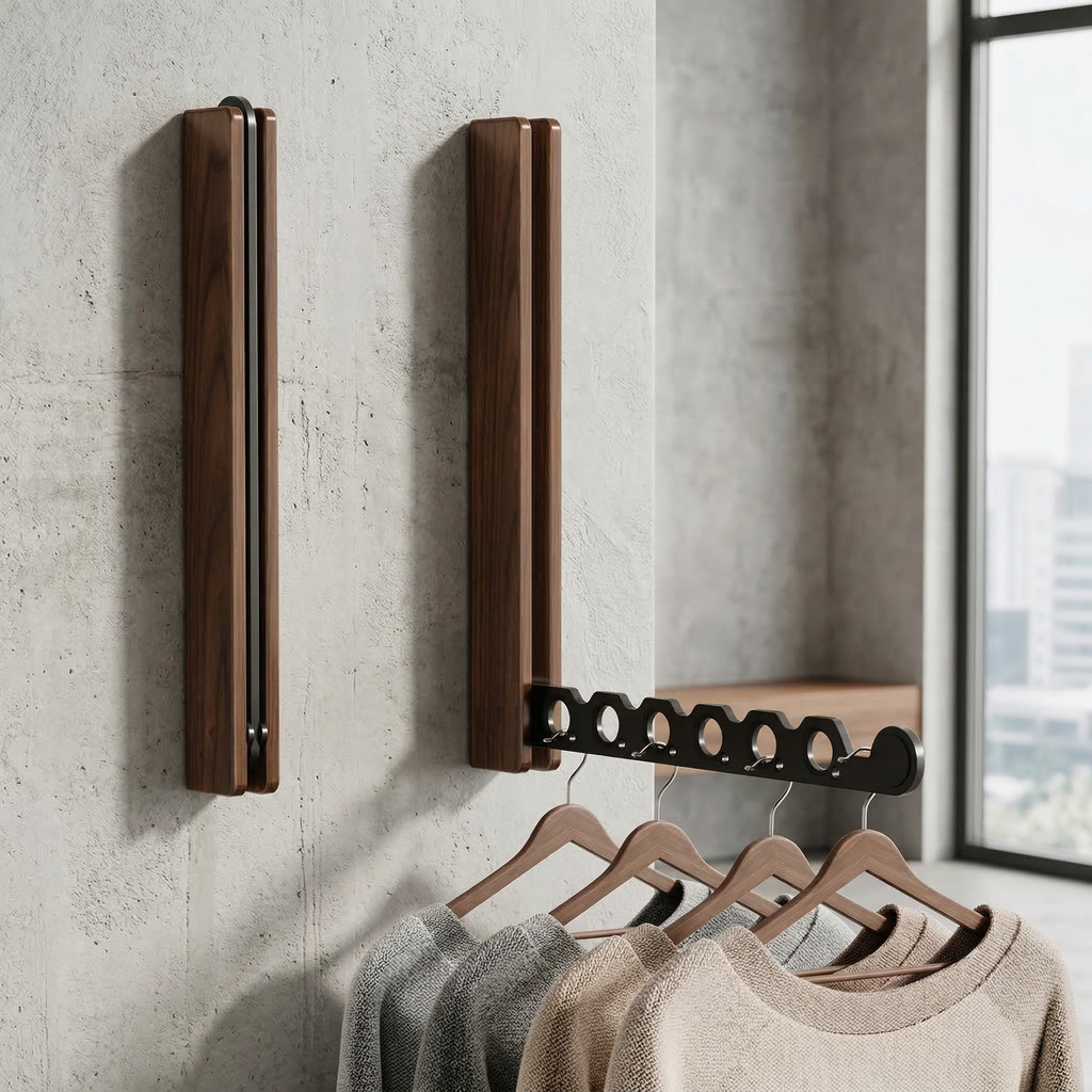 Collapsible wall-mounted hanger rail with wood-effect folding panel and metal hanging bar