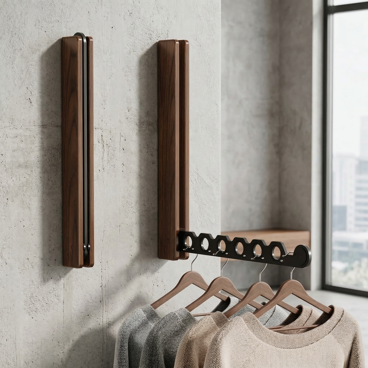 Collapsible wall-mounted hanger rail with wood-effect folding panel and metal hanging bar