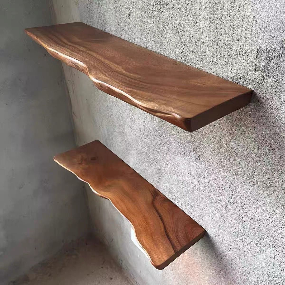 Brown rustic hardwood wall shelf with an irregular live edge