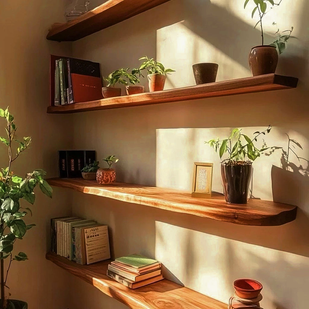 Brown rustic hardwood wall shelf with an irregular live edge