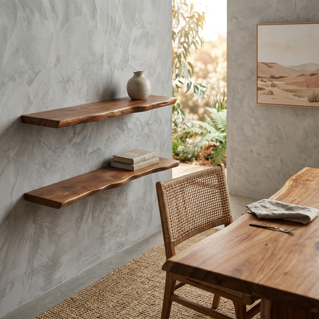 Brown rustic hardwood wall shelf with an irregular live edge