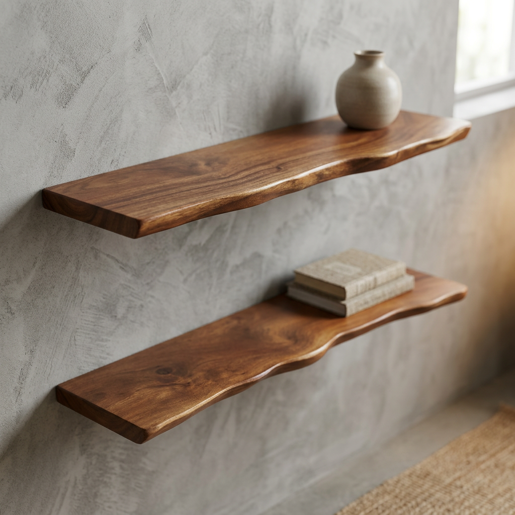 Brown rustic hardwood wall shelf with an irregular live edge