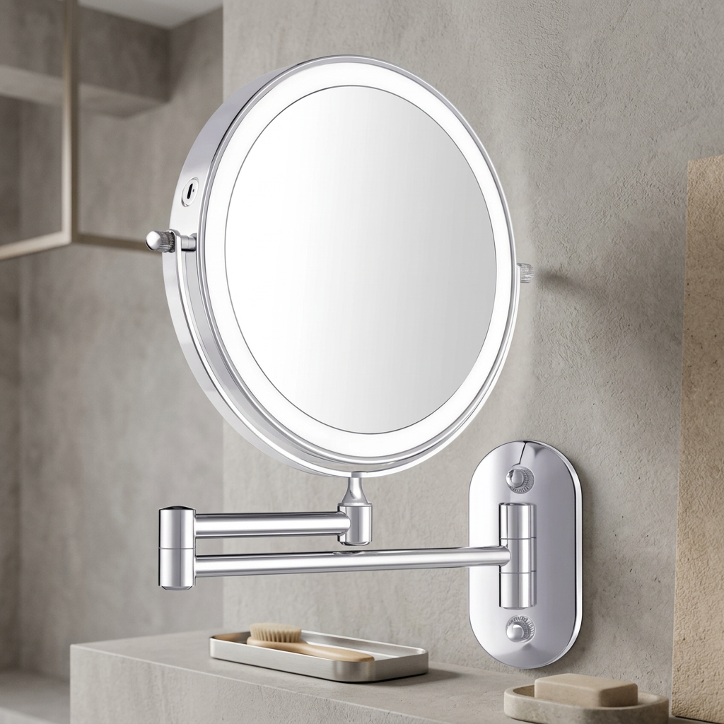 Round wall mounted vanity mirror with illuminated LED ring and articulated arm