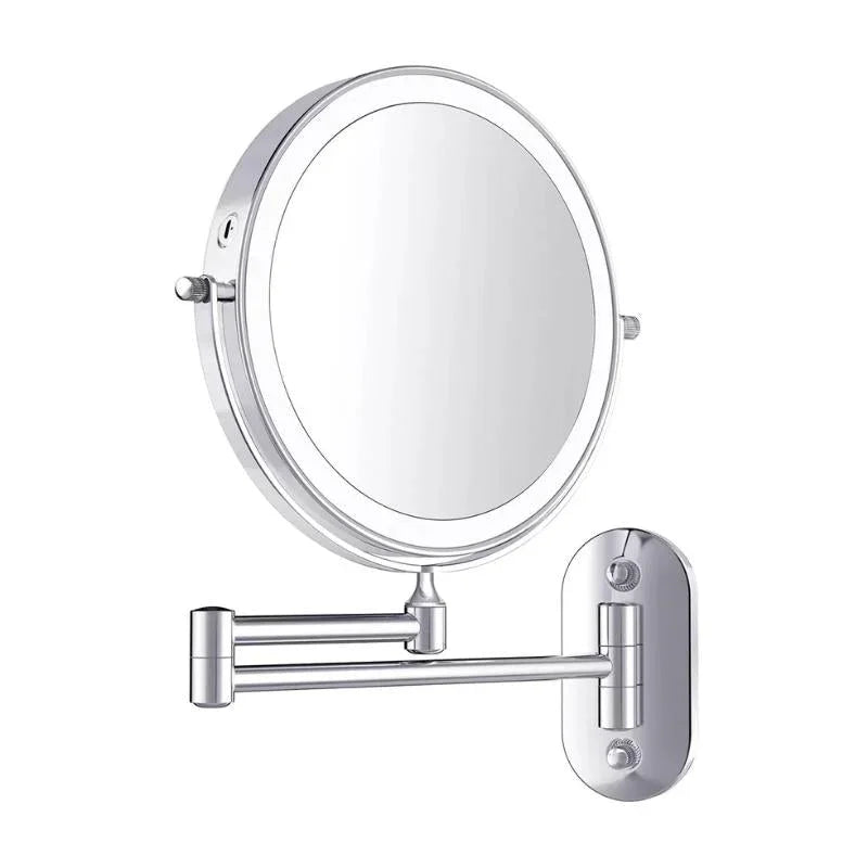 Round wall mounted vanity mirror with illuminated LED ring and articulated arm