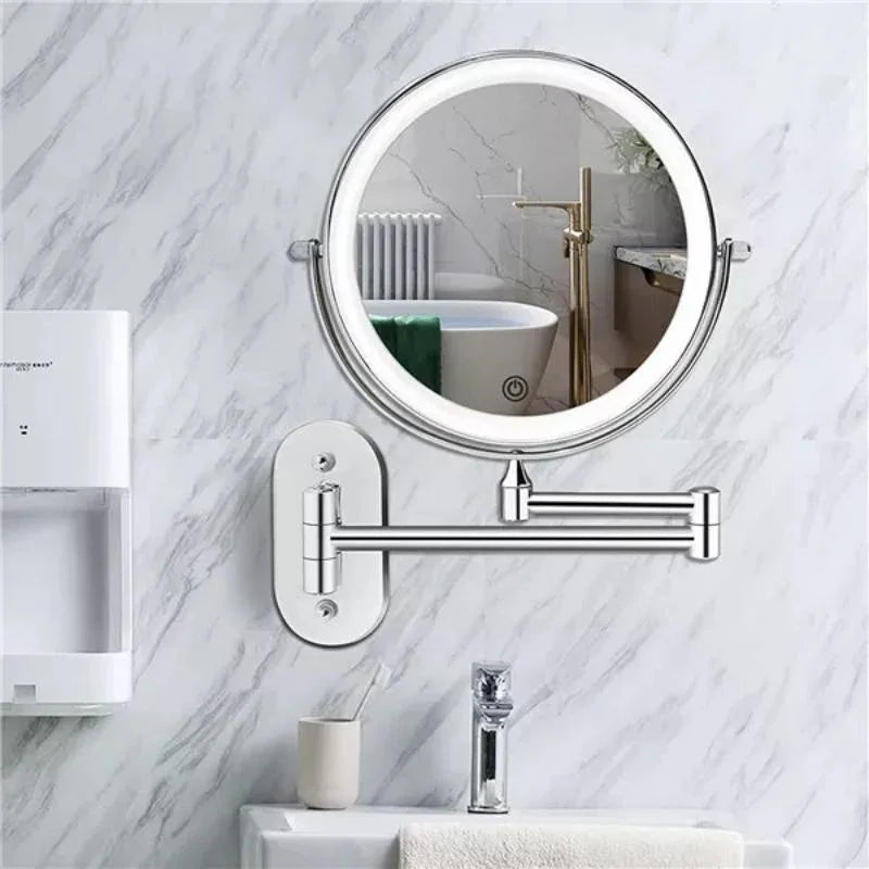 Round wall mounted vanity mirror with illuminated LED ring and articulated arm