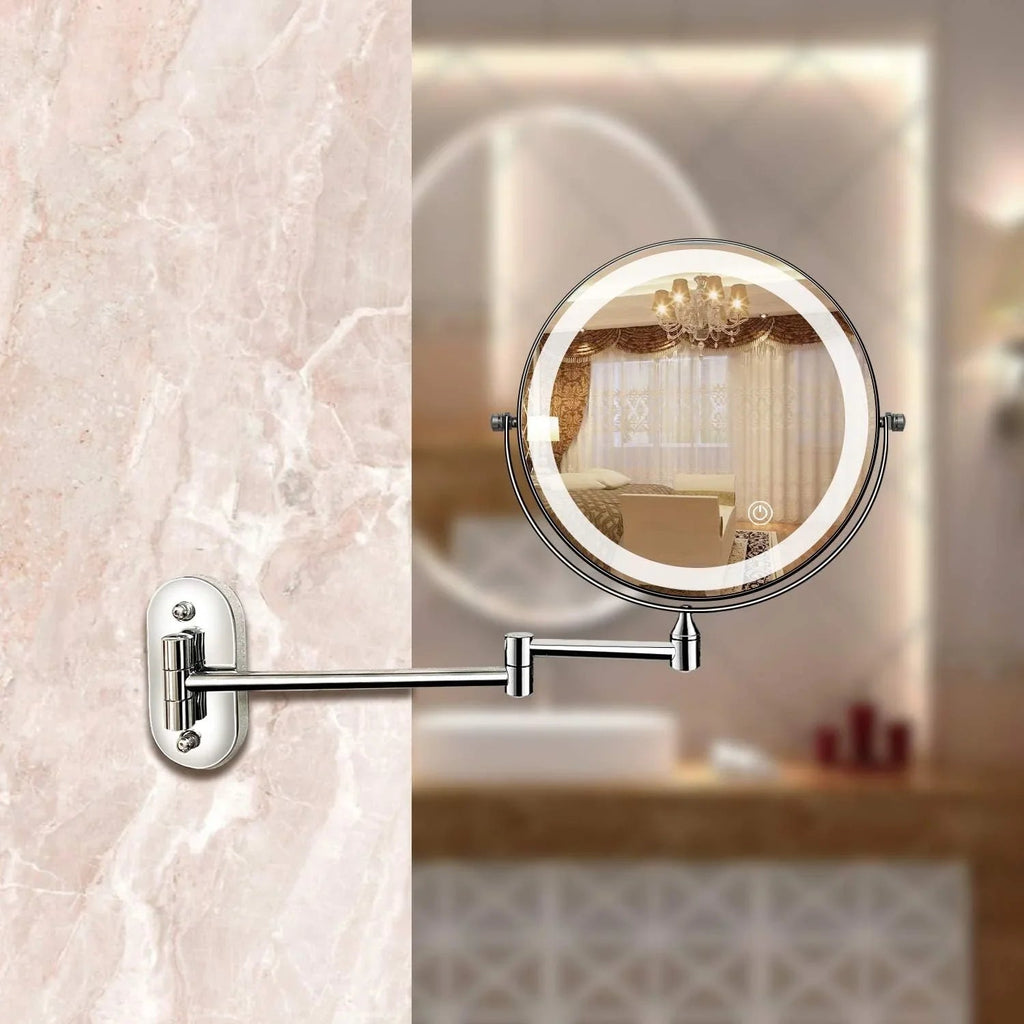 Round wall mounted vanity mirror with illuminated LED ring and articulated arm